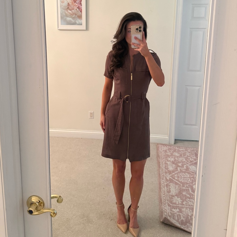 APRICOT Taupe Belted Midi Dress